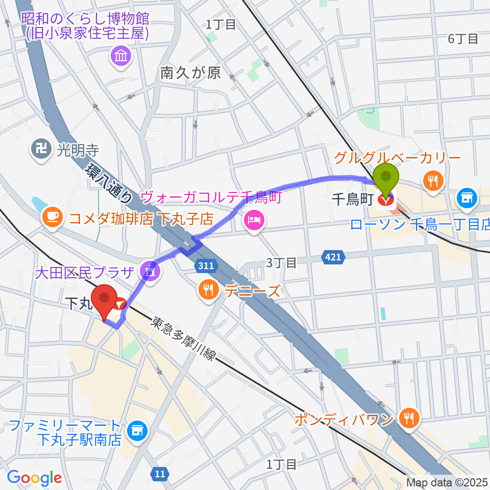 千鳥町駅からSTUDIO楽 下丸子店へのルートマップ地図