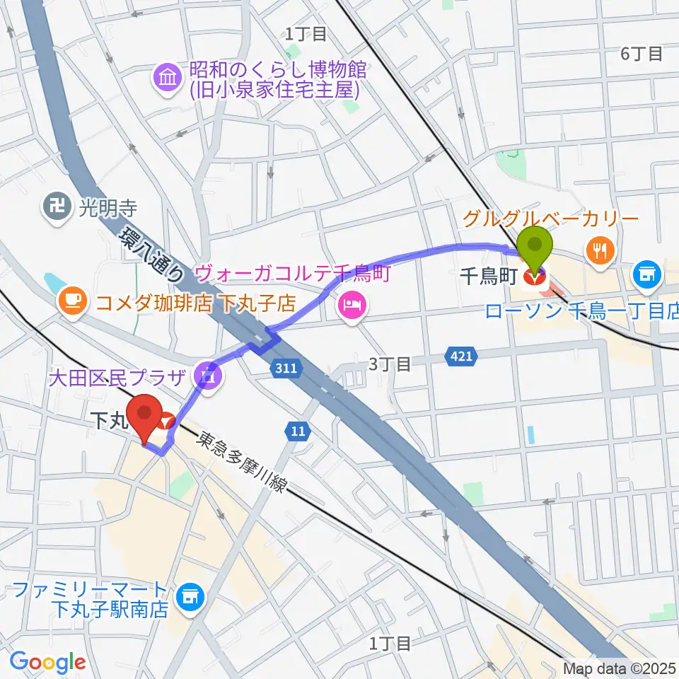 千鳥町駅からSTUDIO楽 下丸子店へのルートマップ地図