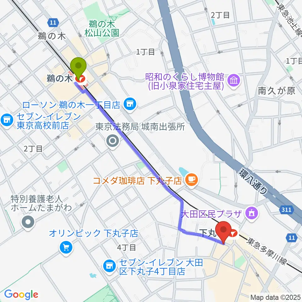 鵜の木駅からSTUDIO楽 下丸子店へのルートマップ地図