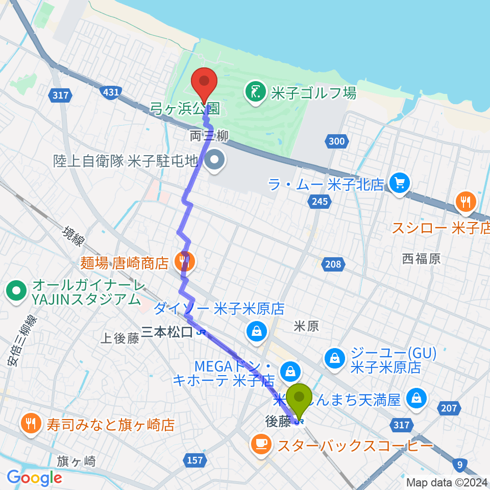 後藤駅から鳥取県立武道館へのルートマップ地図