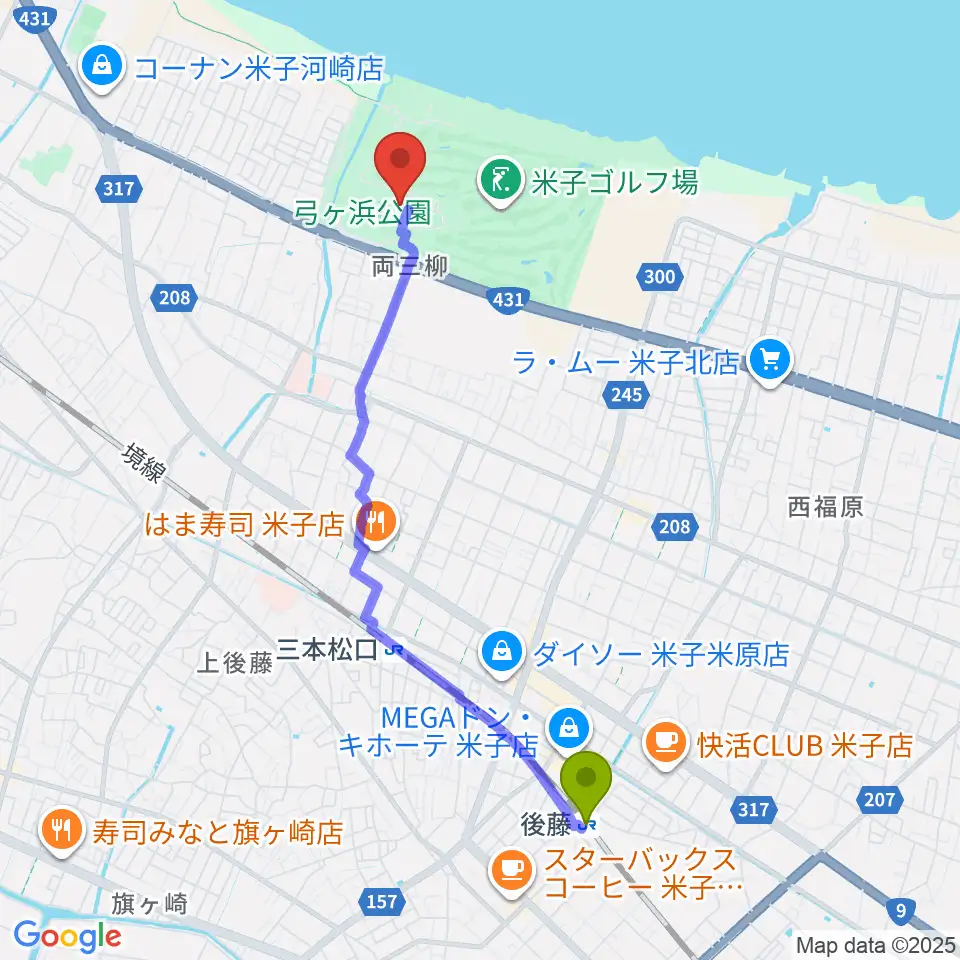 後藤駅から鳥取県立武道館へのルートマップ地図