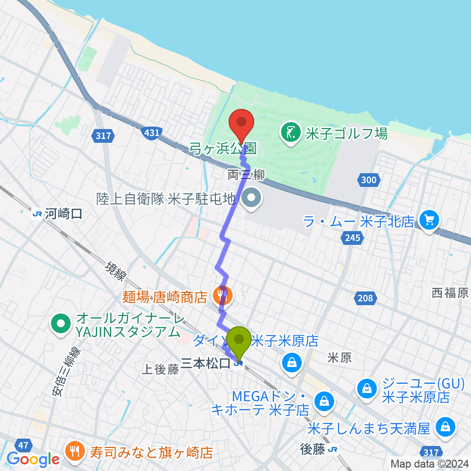 三本松口駅から鳥取県立武道館へのルートマップ地図