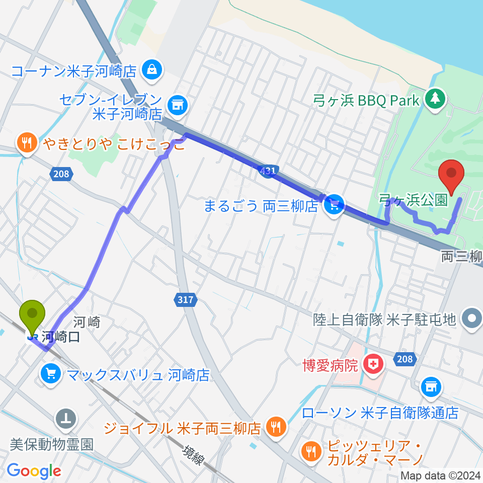 鳥取県立武道館の最寄駅河崎口駅からの徒歩ルート（約28分）地図