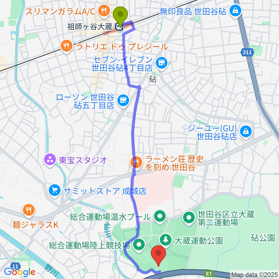 世田谷区立総合運動場野球場の最寄駅祖師ヶ谷大蔵駅からの徒歩ルート（約27分）地図