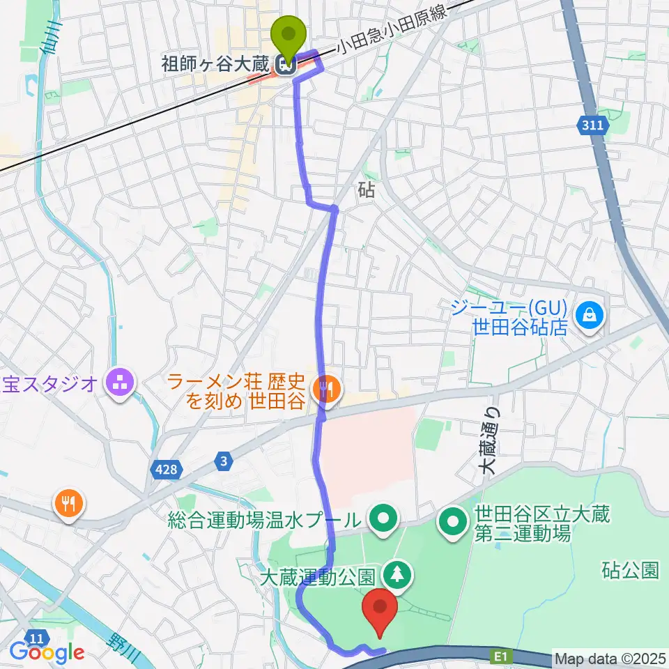 世田谷区立総合運動場野球場の最寄駅祖師ヶ谷大蔵駅からの徒歩ルート（約27分）地図