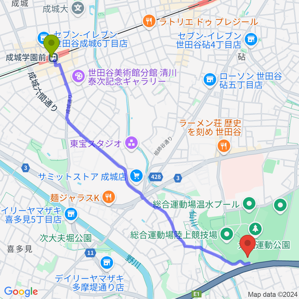 成城学園前駅から世田谷区立総合運動場野球場へのルートマップ地図