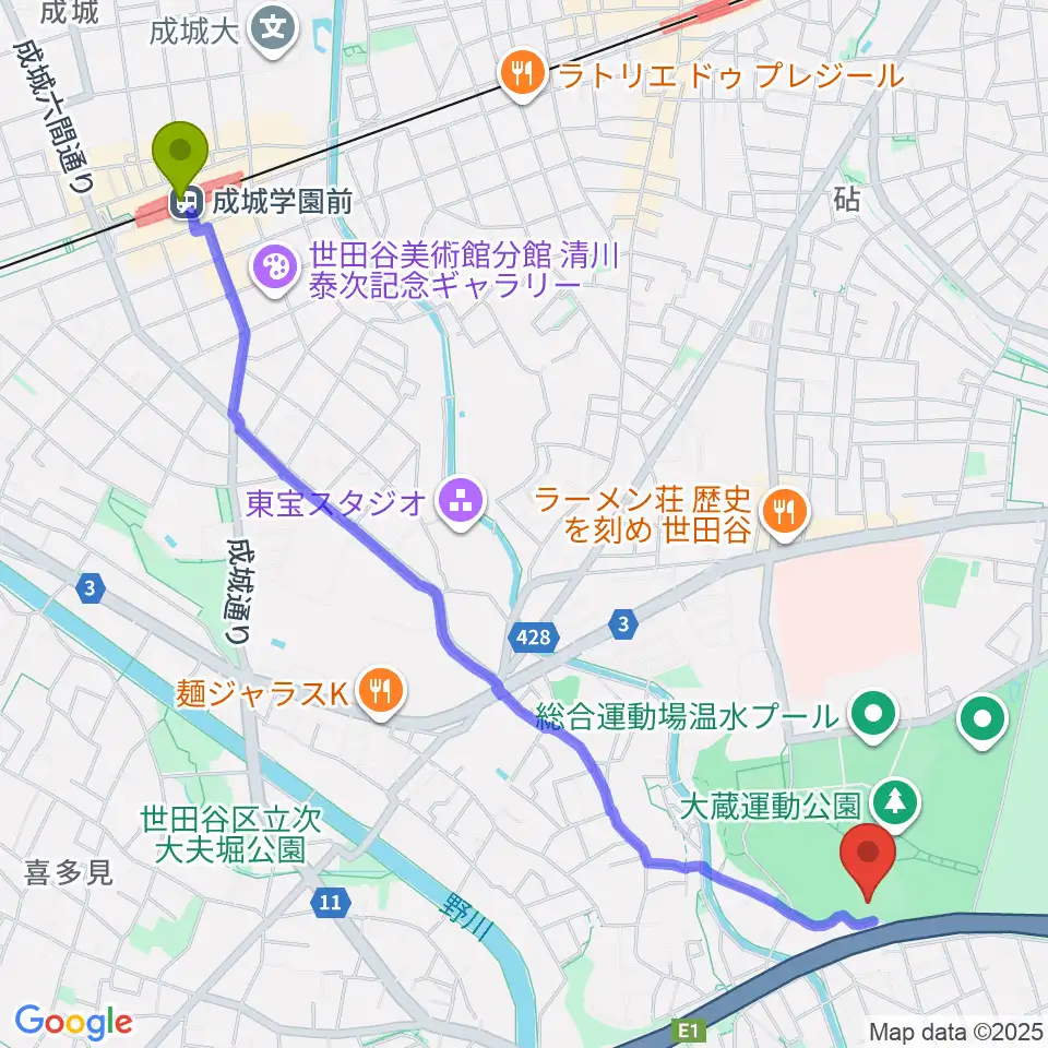 成城学園前駅から世田谷区立総合運動場野球場へのルートマップ地図