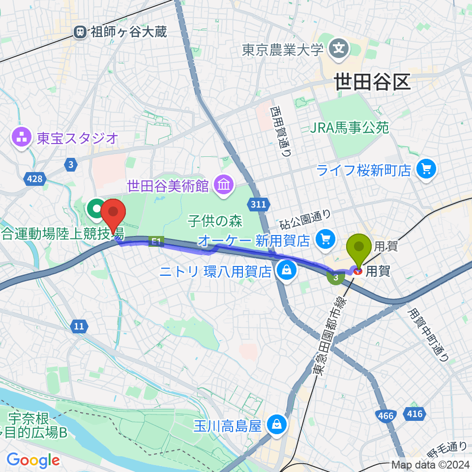 用賀駅から世田谷区立総合運動場野球場へのルートマップ地図