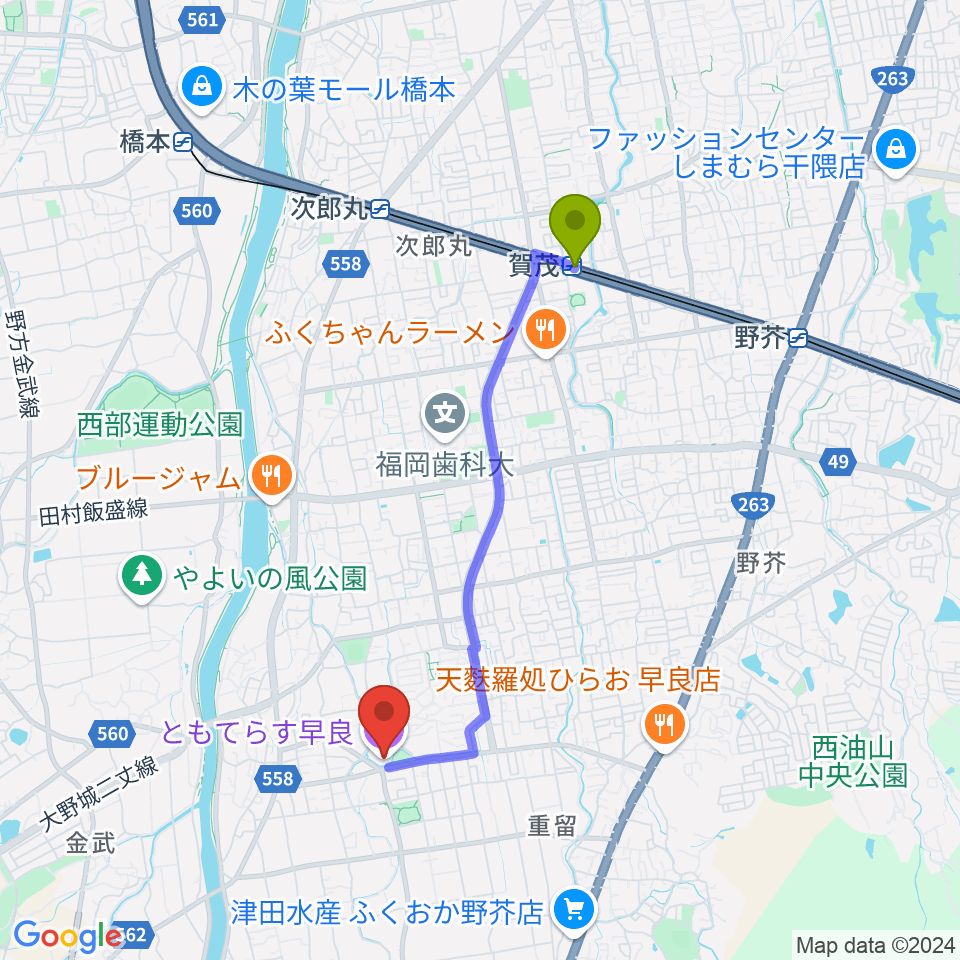 ともてらす早良の最寄駅賀茂駅からの徒歩ルート（約35分）地図