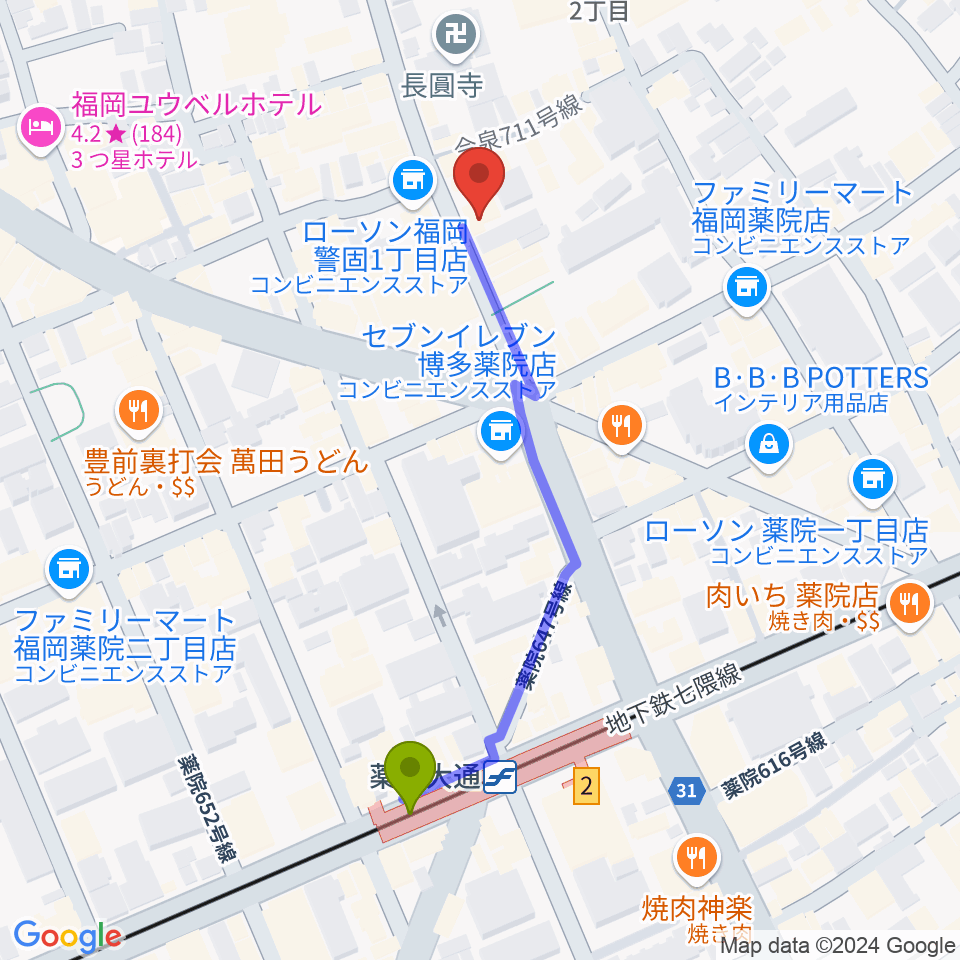 STUDIO GRILLの最寄駅薬院大通駅からの徒歩ルート（約5分）地図