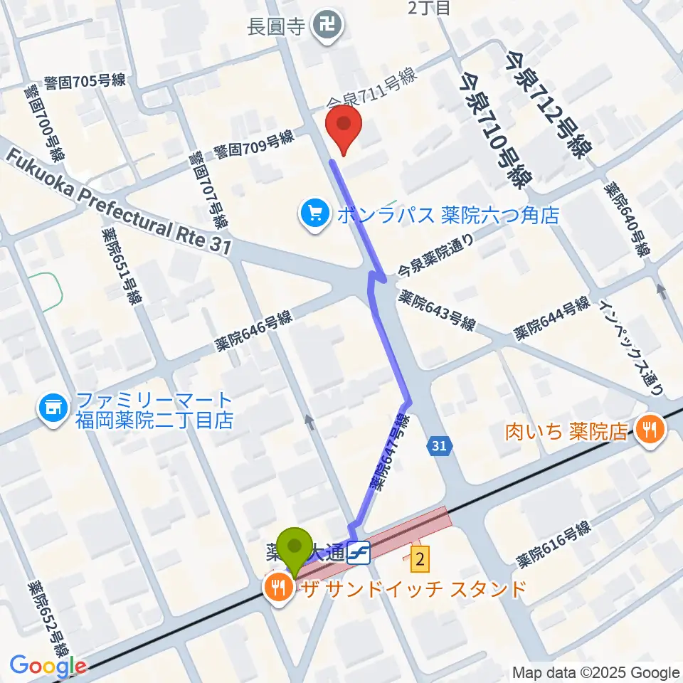 STUDIO GRILLの最寄駅薬院大通駅からの徒歩ルート（約5分）地図