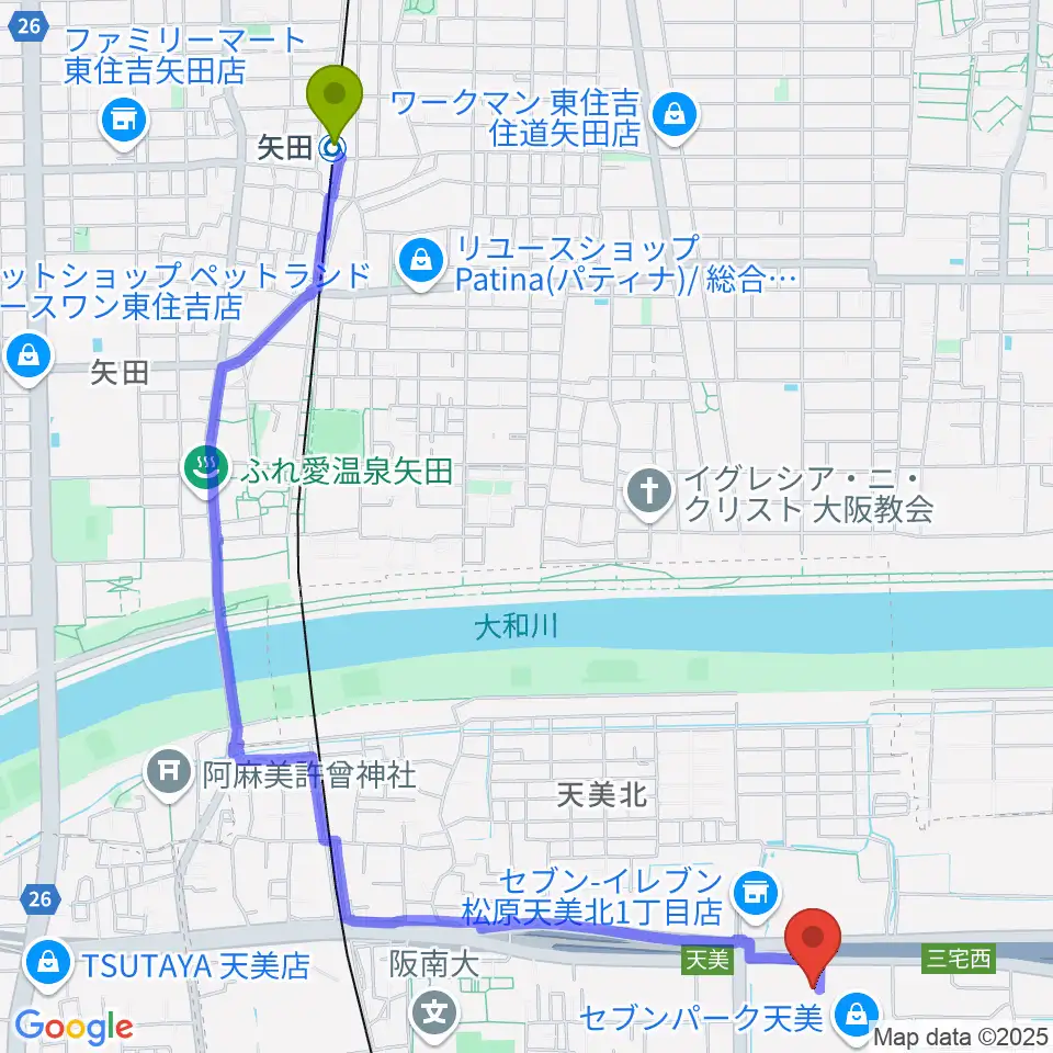 矢田駅からTOHOシネマズ セブンパーク天美へのルートマップ地図