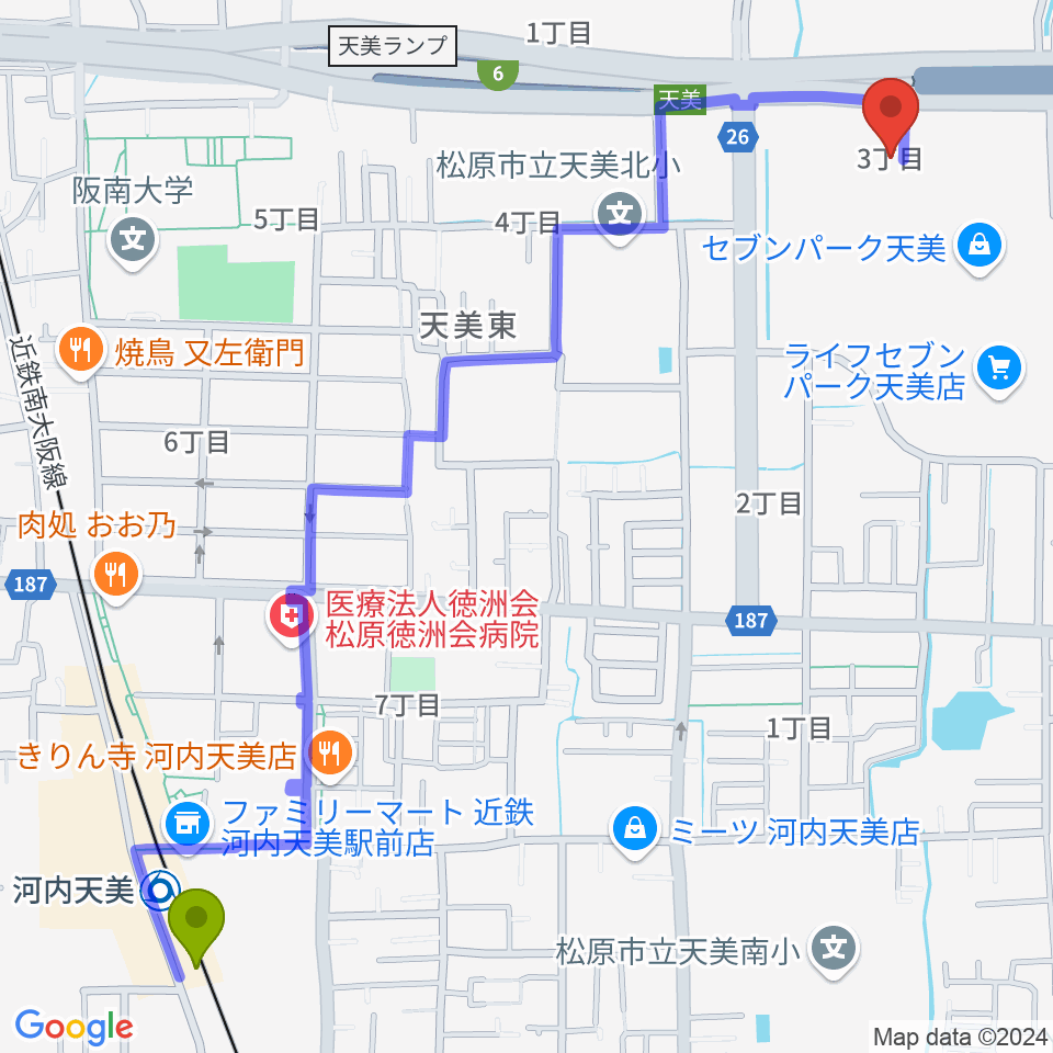 TOHOシネマズ セブンパーク天美の最寄駅河内天美駅からの徒歩ルート（約16分）地図