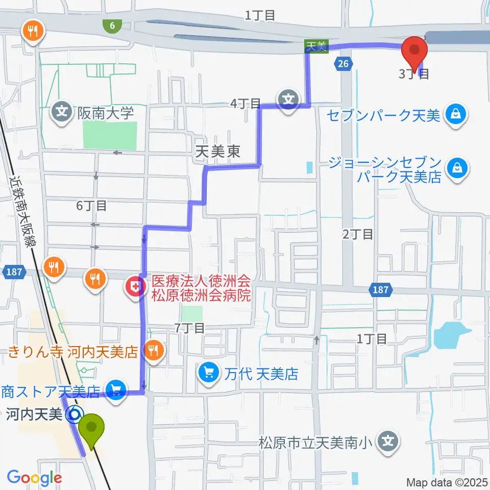 TOHOシネマズ セブンパーク天美の最寄駅河内天美駅からの徒歩ルート（約16分）地図