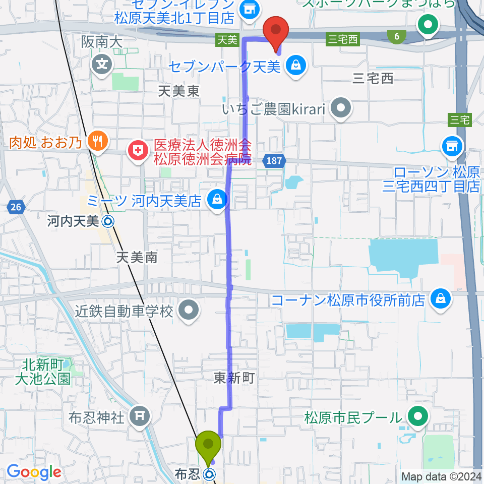 布忍駅からTOHOシネマズ セブンパーク天美へのルートマップ地図