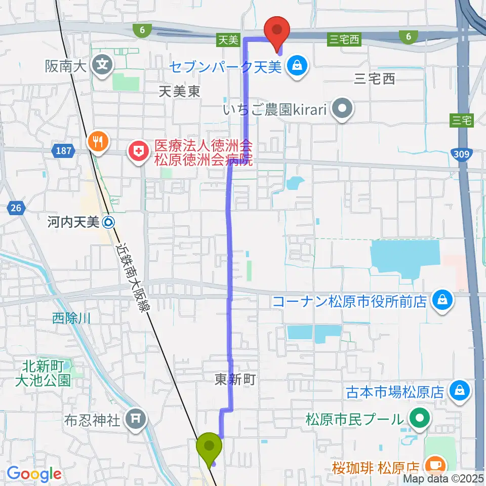 布忍駅からTOHOシネマズ セブンパーク天美へのルートマップ地図