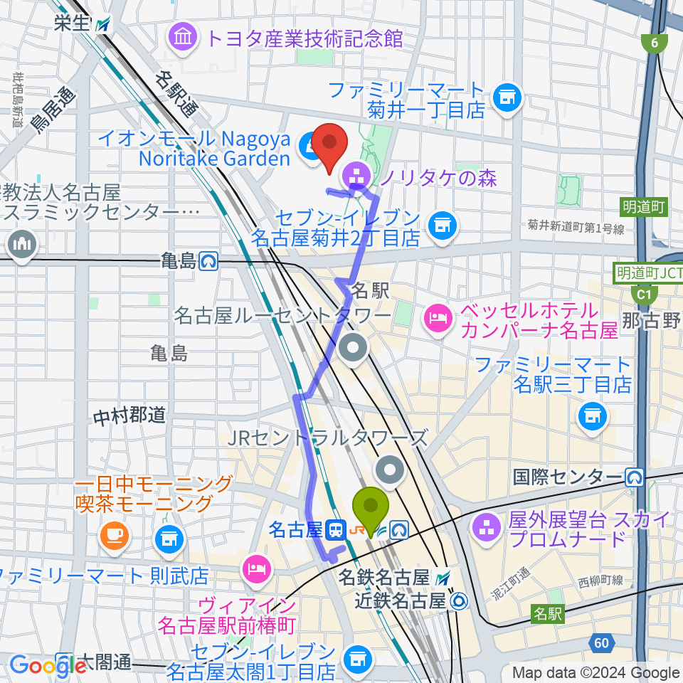 名古屋駅からプラネタリウム満天NAGOYAへのルートマップ地図