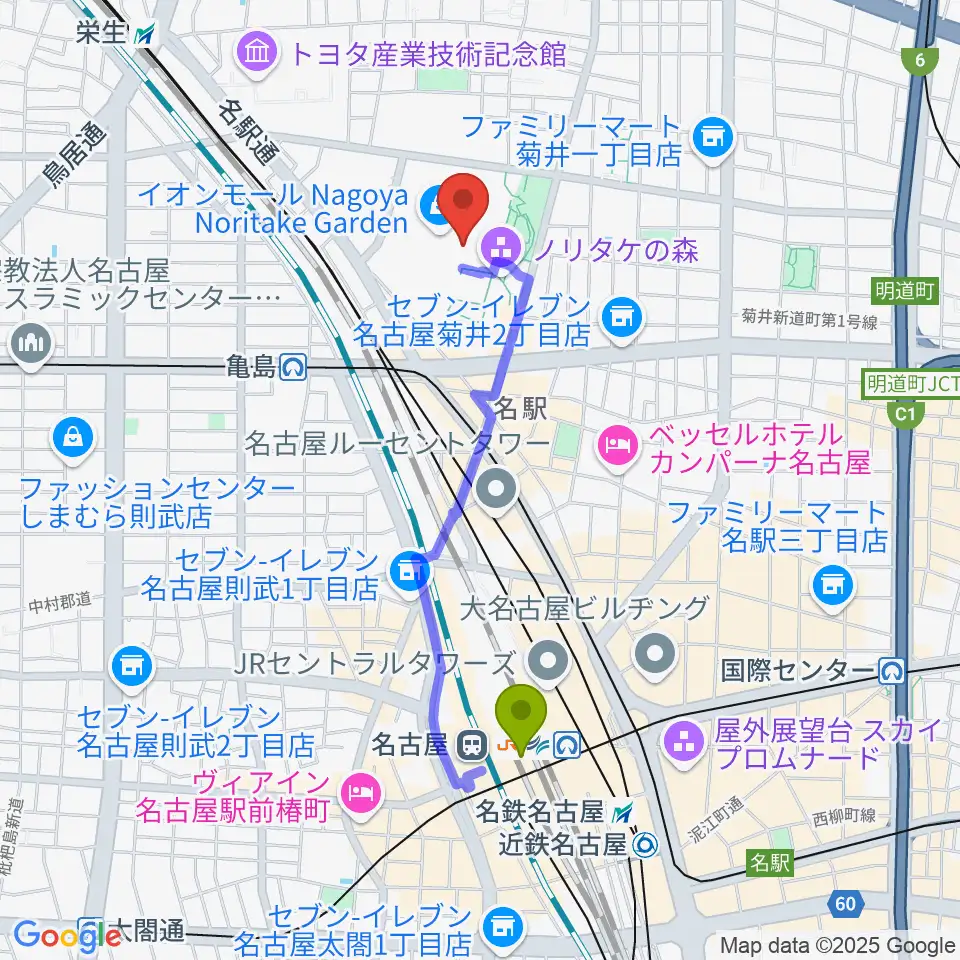 名古屋駅からプラネタリウム満天NAGOYAへのルートマップ地図