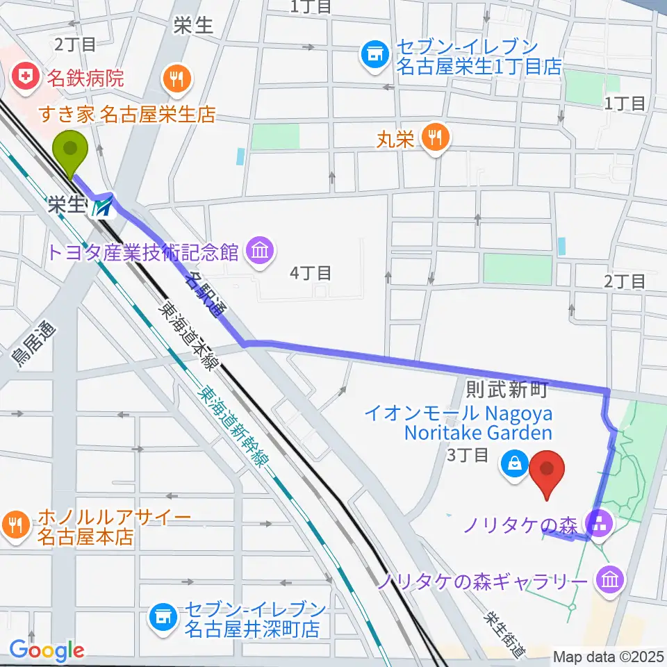 栄生駅からプラネタリウム満天NAGOYAへのルートマップ地図