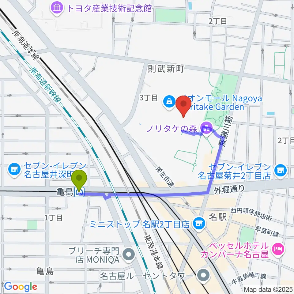 プラネタリウム満天NAGOYAの最寄駅亀島駅からの徒歩ルート（約7分）地図