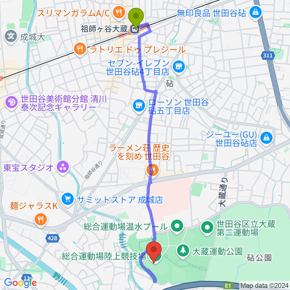 世田谷区立総合運動場陸上競技場の最寄駅祖師ヶ谷大蔵駅からの徒歩ルート（約25分）地図