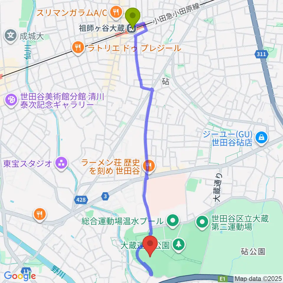 世田谷区立総合運動場陸上競技場の最寄駅祖師ヶ谷大蔵駅からの徒歩ルート（約25分）地図