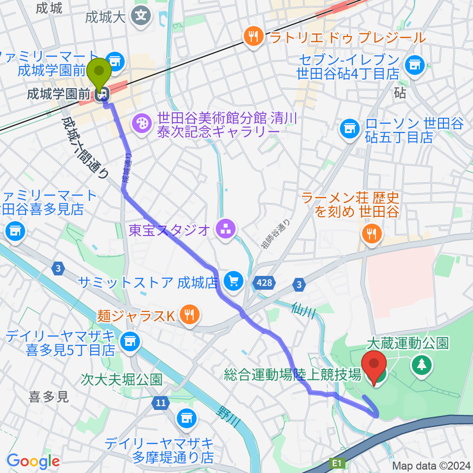 成城学園前駅から世田谷区立総合運動場陸上競技場へのルートマップ地図