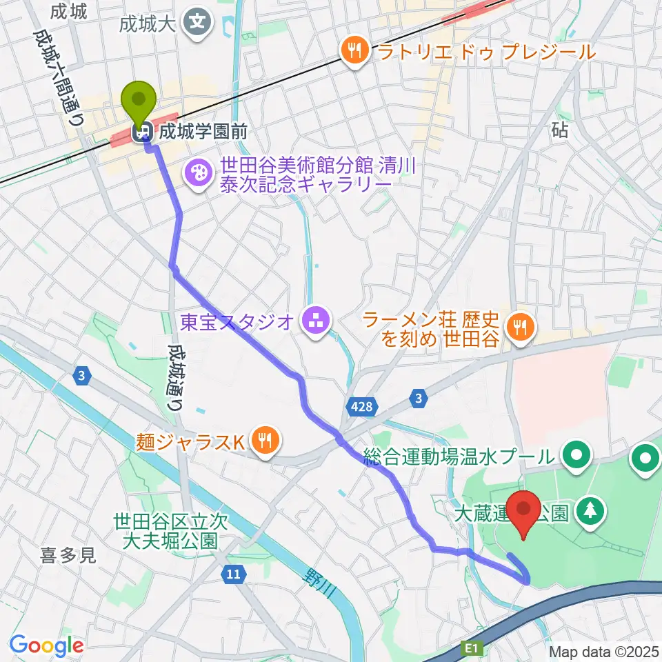 成城学園前駅から世田谷区立総合運動場陸上競技場へのルートマップ地図