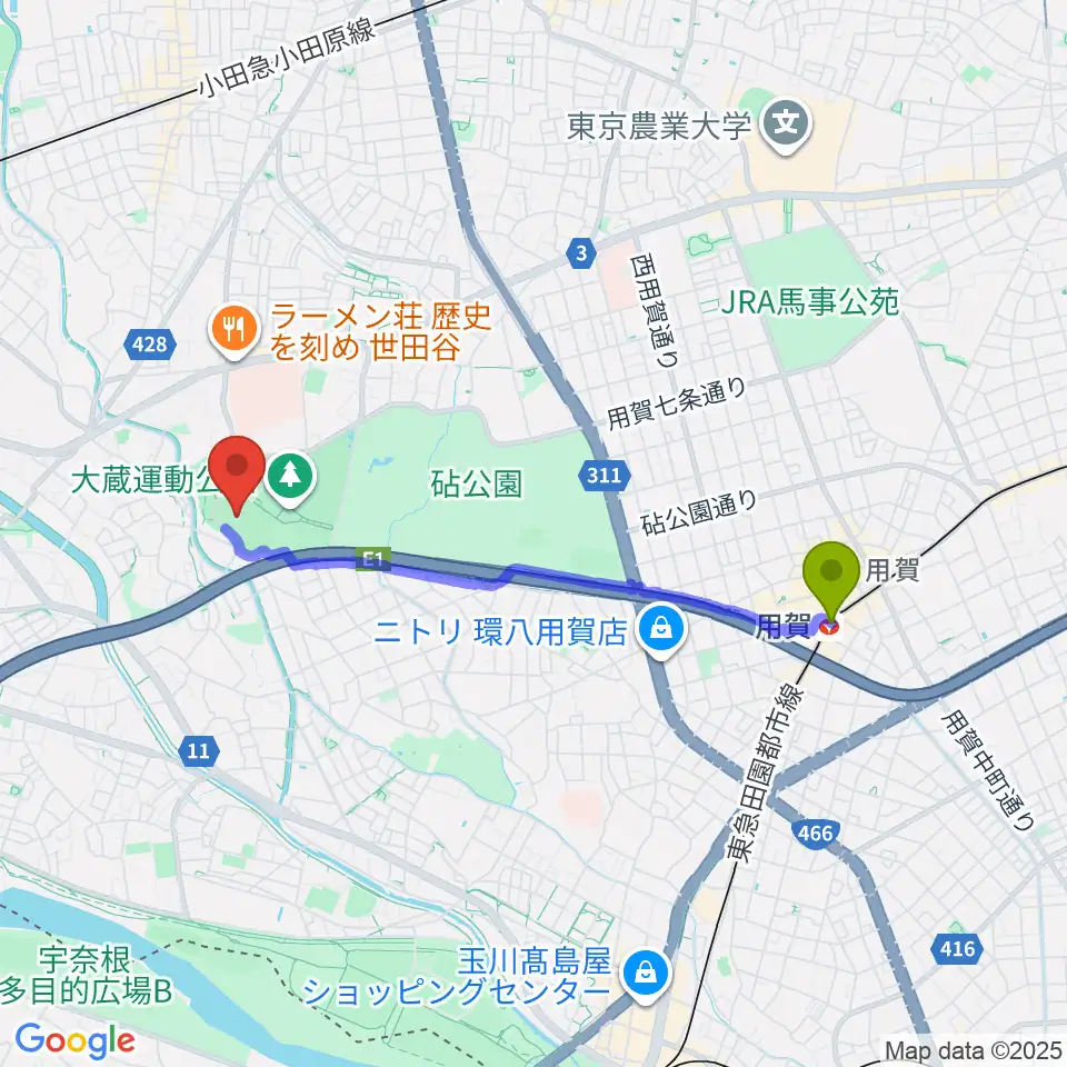 用賀駅から世田谷区立総合運動場陸上競技場へのルートマップ地図