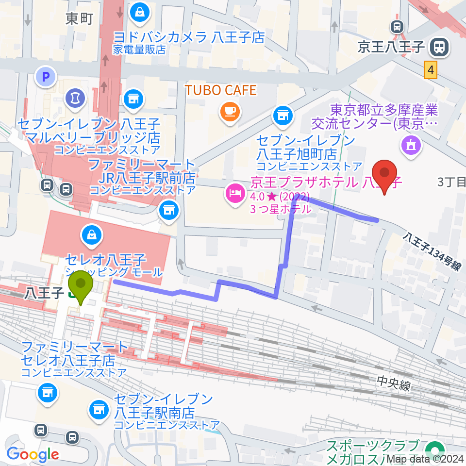 八王子駅から東京たま未来メッセへのルートマップ地図