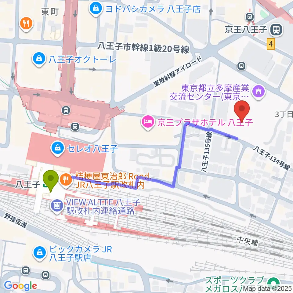 八王子駅から東京たま未来メッセへのルートマップ地図