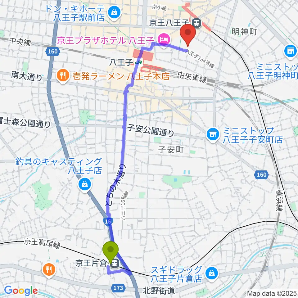 京王片倉駅から東京たま未来メッセへのルートマップ地図