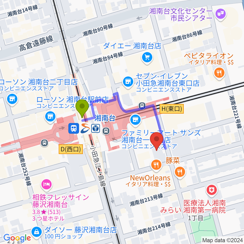 STUDIO JAMJAMの最寄駅湘南台駅からの徒歩ルート（約3分）地図