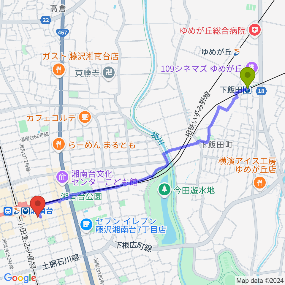 下飯田駅からSTUDIO JAMJAMへのルートマップ地図