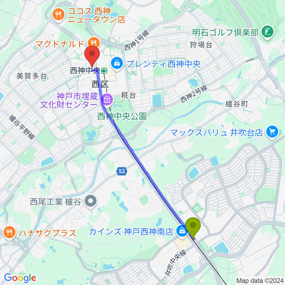 西神南駅から西神中央ホールへのルートマップ地図