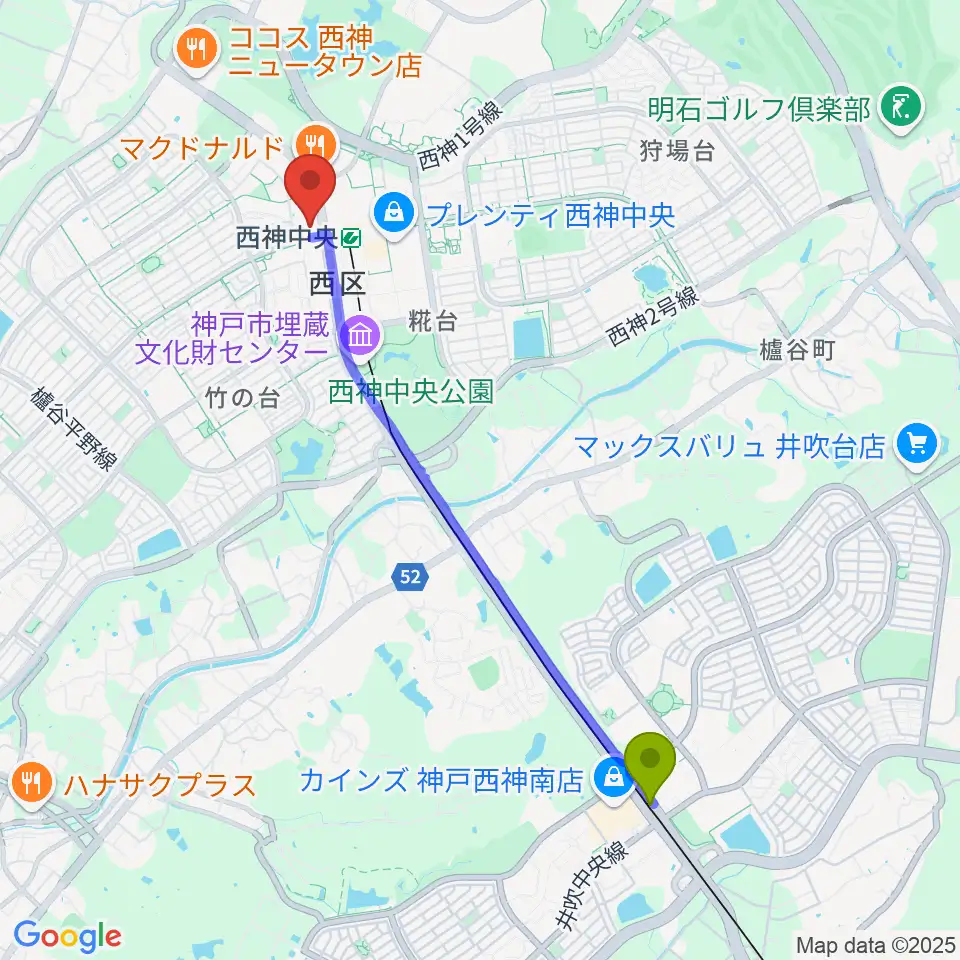 西神南駅から西神中央ホールへのルートマップ地図