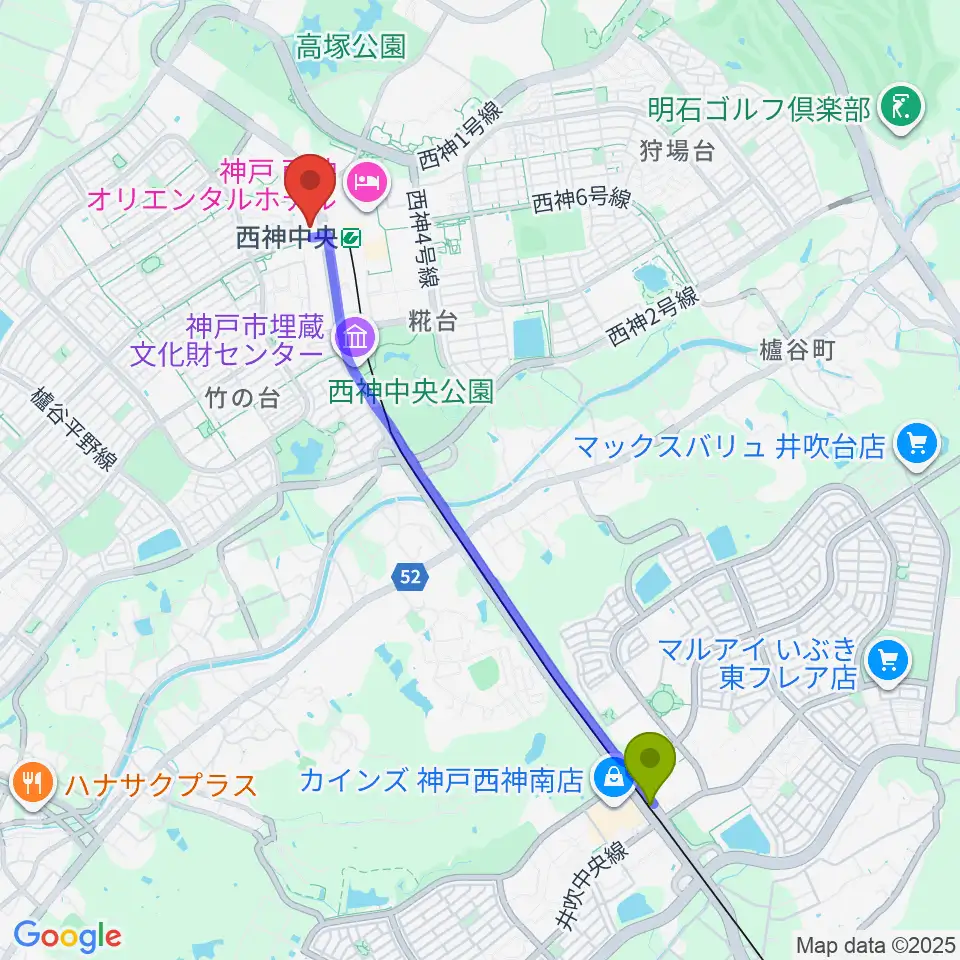 西神南駅から西神中央ホールへのルートマップ地図