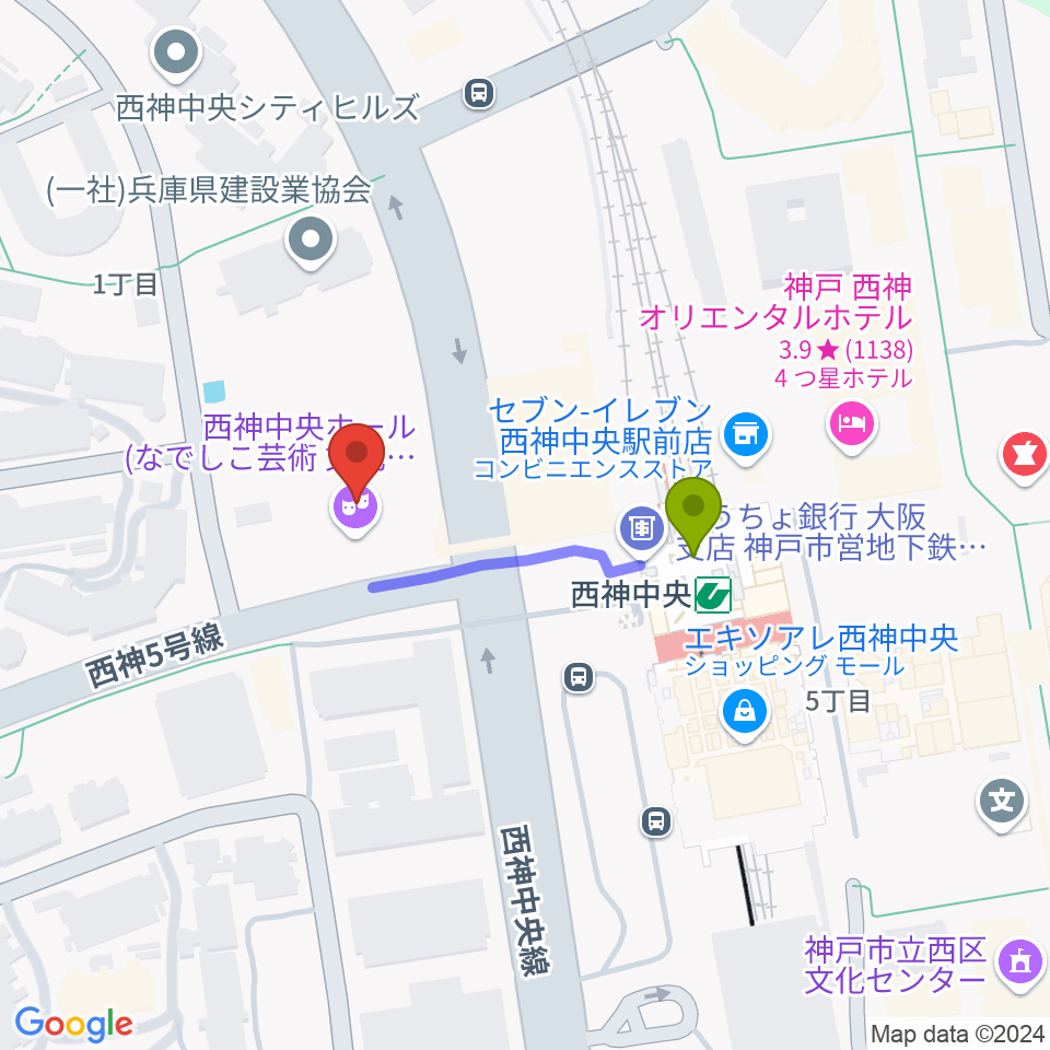 西神中央ホールの最寄駅西神中央駅からの徒歩ルート（約3分）地図