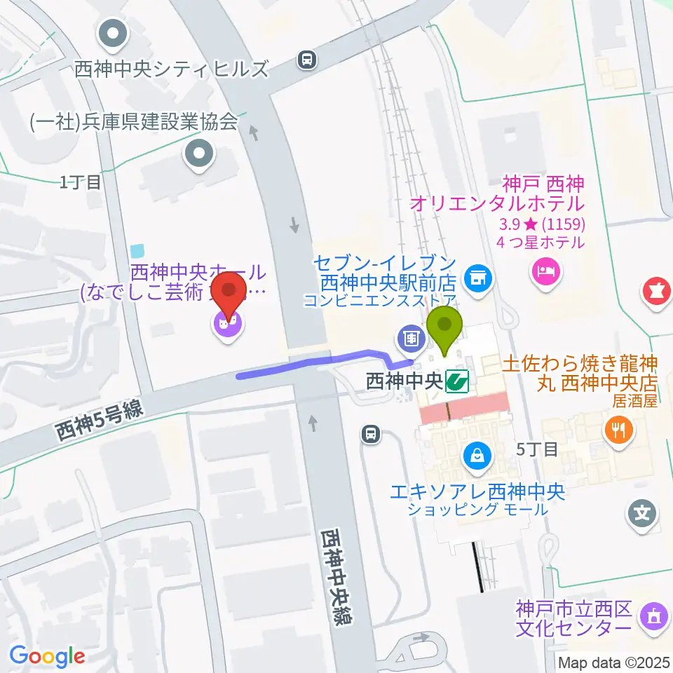 西神中央ホールの最寄駅西神中央駅からの徒歩ルート（約3分）地図