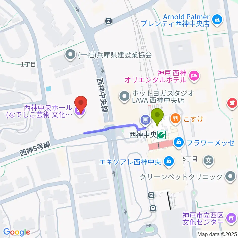 西神中央ホールの最寄駅西神中央駅からの徒歩ルート（約3分）地図