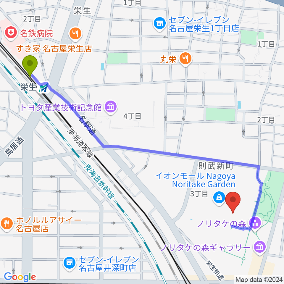 栄生駅から島村楽器 名古屋則武新町店へのルートマップ地図