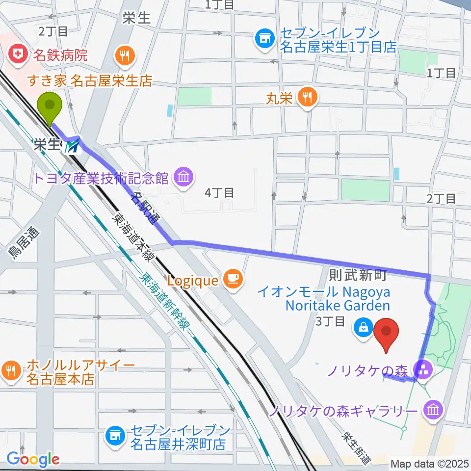 栄生駅から島村楽器 名古屋則武新町店へのルートマップ地図