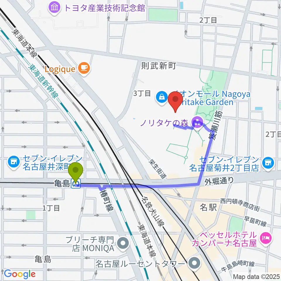 島村楽器 名古屋則武新町店の最寄駅亀島駅からの徒歩ルート（約7分）地図