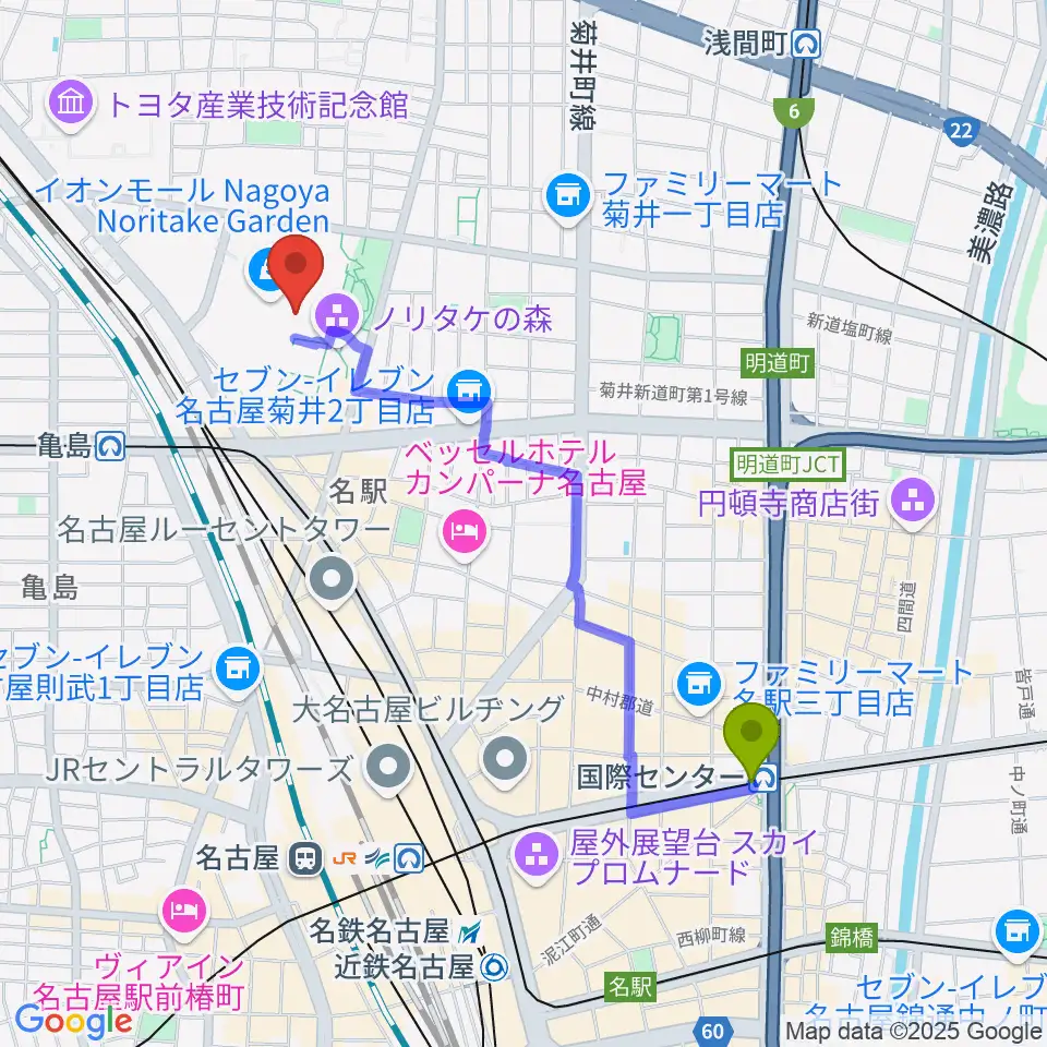 国際センター駅から島村楽器 名古屋則武新町店へのルートマップ地図