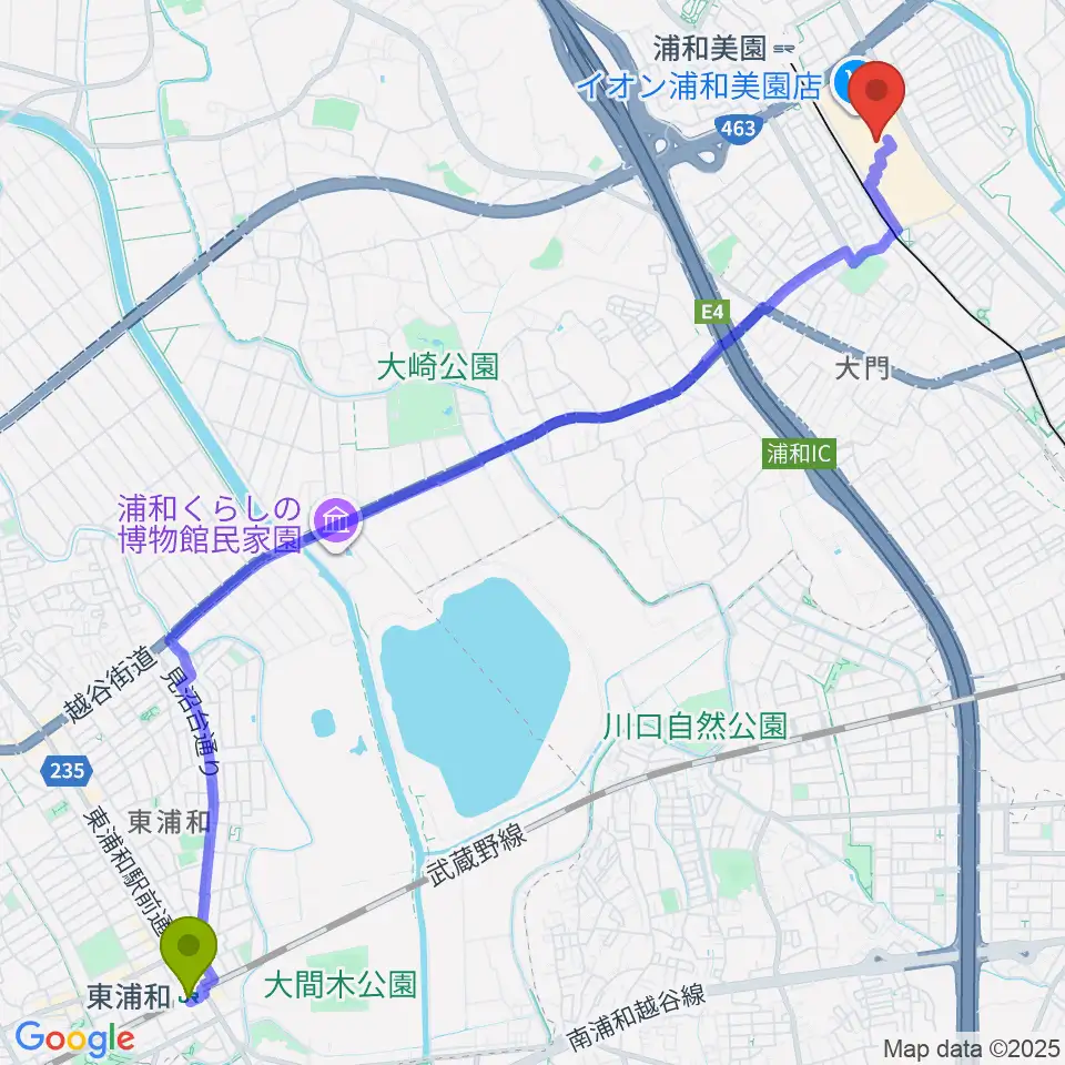 東浦和駅から山野楽器イオンモール浦和美園店へのルートマップ地図