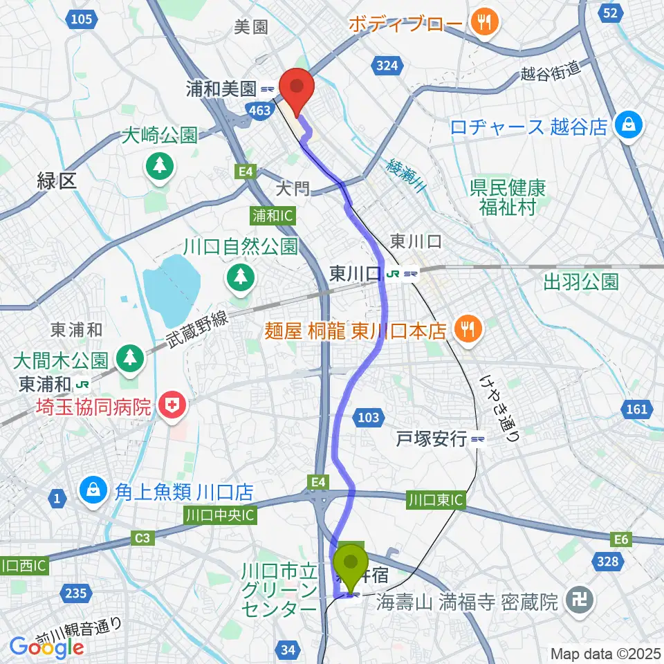 新井宿駅から山野楽器イオンモール浦和美園店へのルートマップ地図