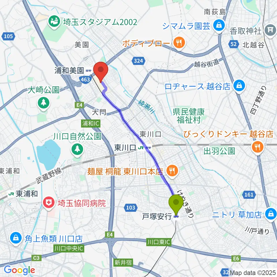 戸塚安行駅から山野楽器イオンモール浦和美園店へのルートマップ地図