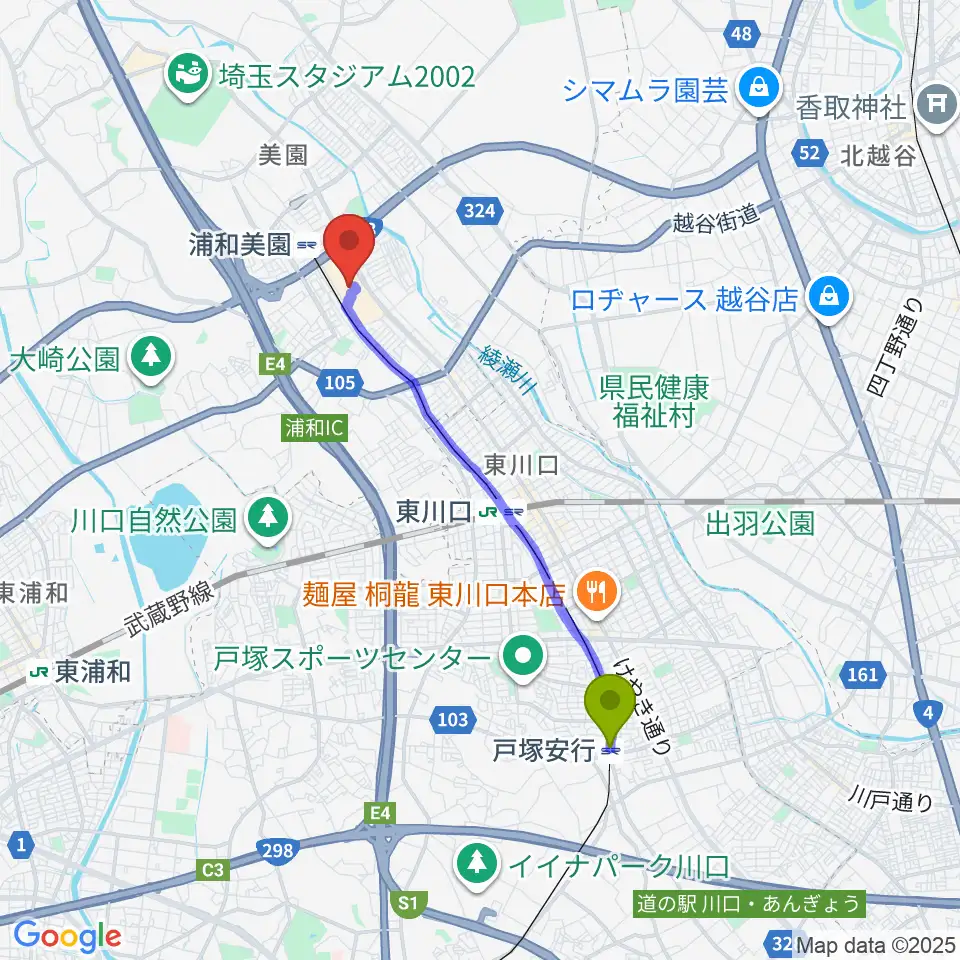 戸塚安行駅から山野楽器イオンモール浦和美園店へのルートマップ地図