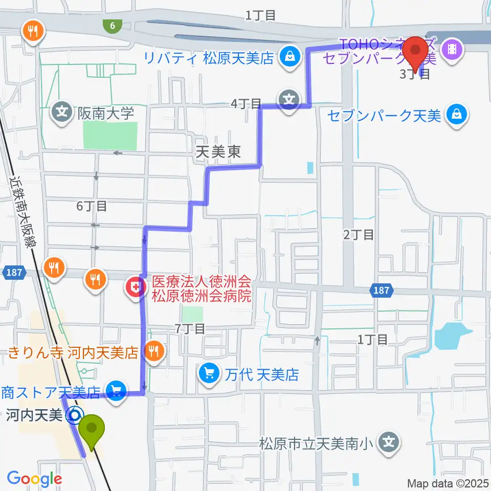 島村楽器 セブンパーク天美店の最寄駅河内天美駅からの徒歩ルート（約16分）地図