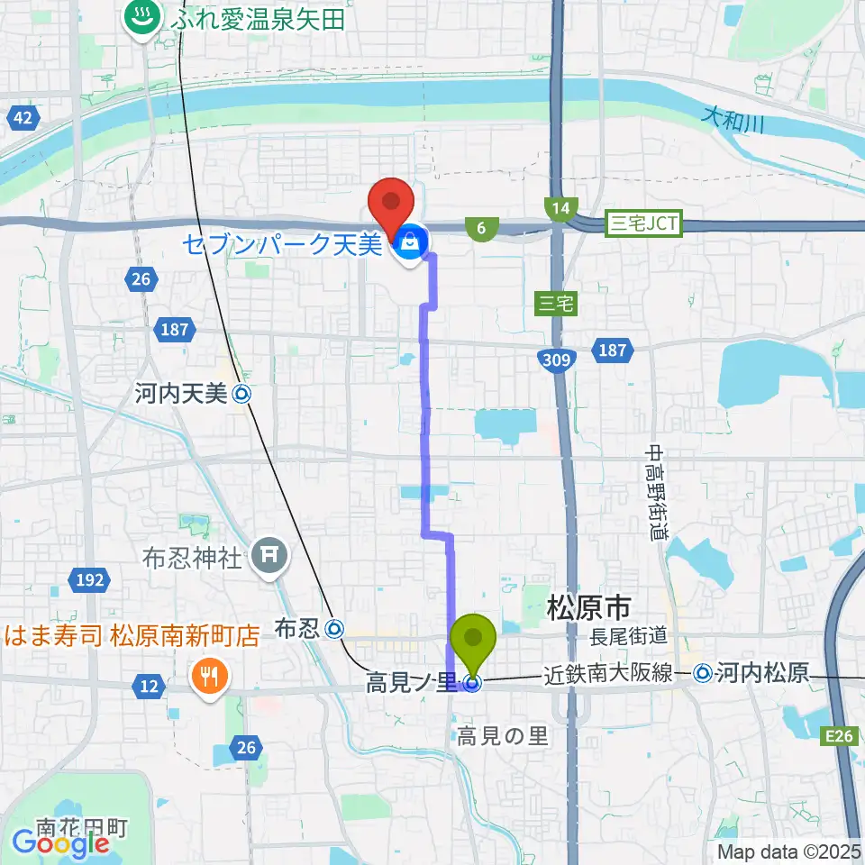 高見ノ里駅から島村楽器 セブンパーク天美店へのルートマップ地図
